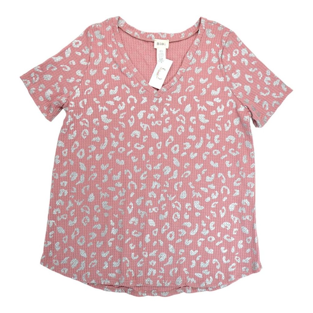 BiBi Women's Dusty Pink Leopard Short Sleeves Top Size Medium M